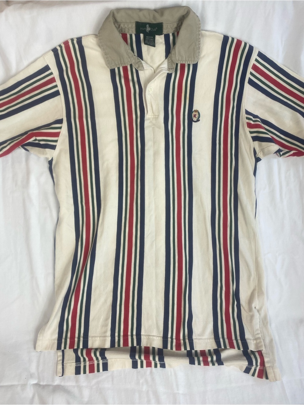 Preppy Striped Cream, Red, Navy & Green Polo. English country Old Money Nautical